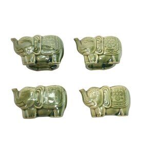 Set Of 4 Elephant Ceramic Napkin Rings Green Asian-Inspired Table Decor Vintage